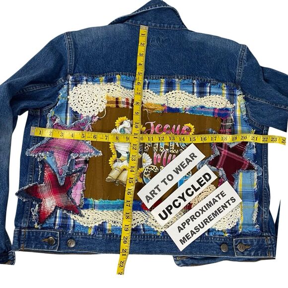 Upcycled Denim Jacket Womens Sz Large Christian Coffee Grunge Patchwork Folk Art - Picture 3 of 16